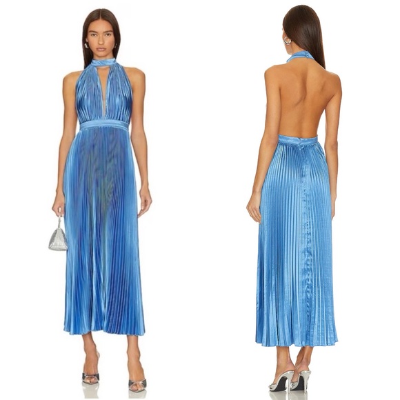 L’IDEE Chateau Pleated Halter Midi Dress Mediterranean Blue Sz 6 US - Picture 9 of 9